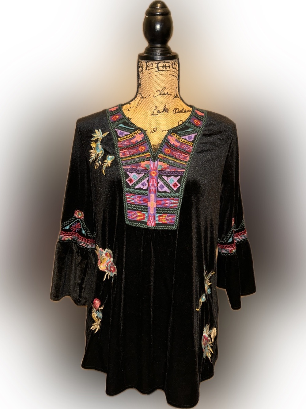 Calessa Bohemian Colorful Embroidered Black Velvet Boho Bell Sleeve Tunic Top PM